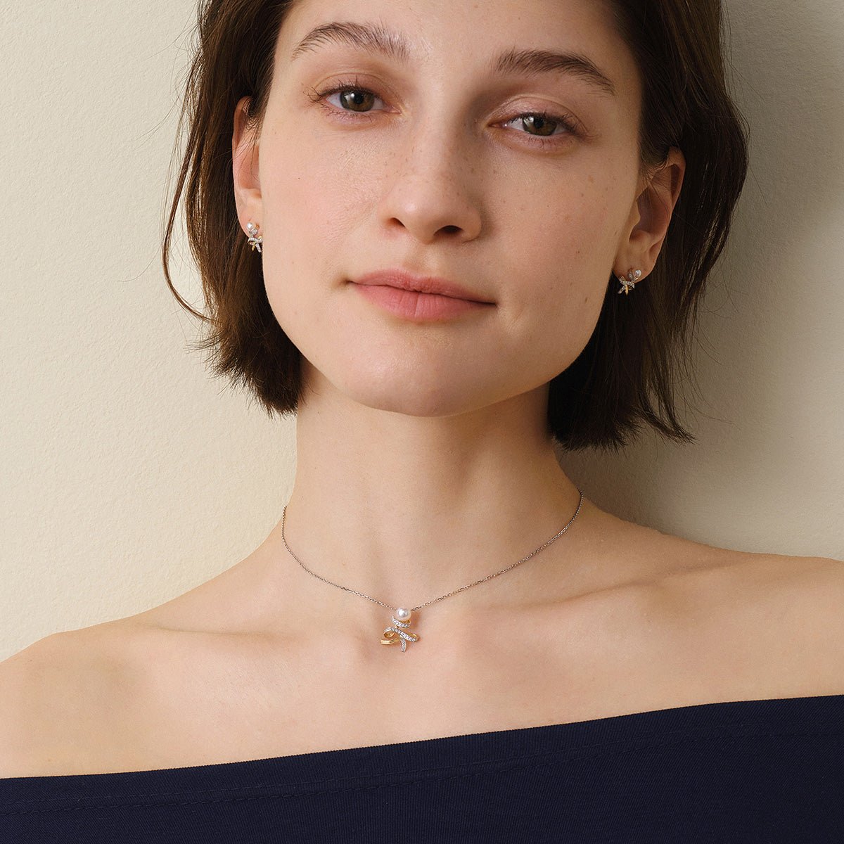 Akoya Pearl 18K Gold Diamonds Two - tone Ribbon Wish Tree Necklace - HELAS Jewelry