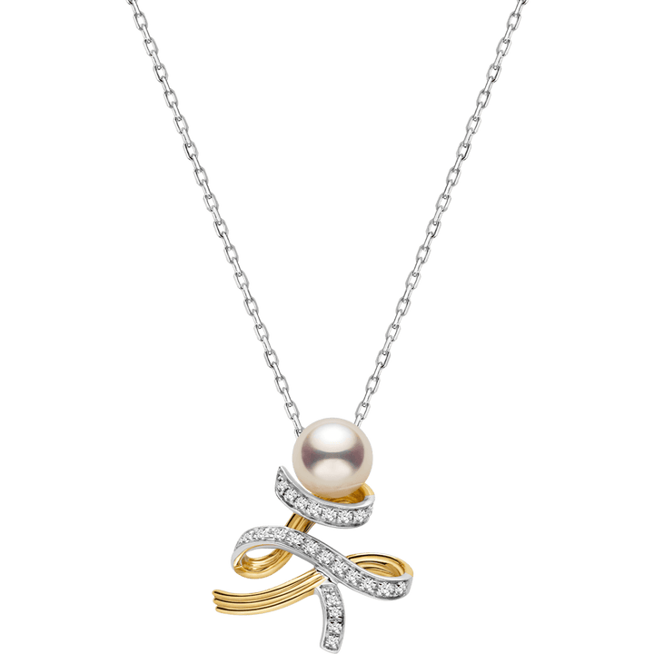 Akoya Pearl 18K Gold Diamonds Two - tone Ribbon Wish Tree Necklace - HELAS Jewelry