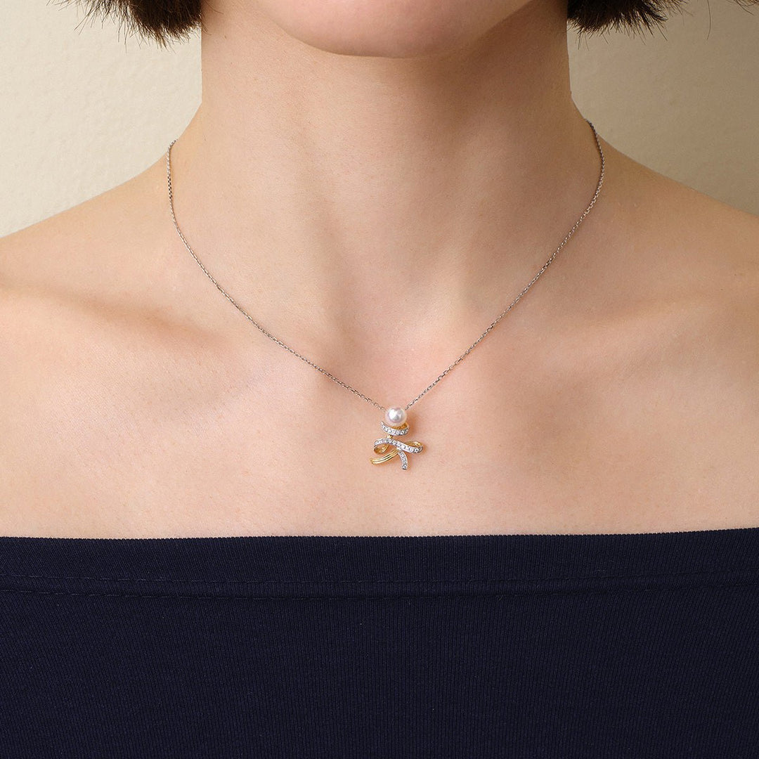 Akoya Pearl 18K Gold Diamonds Two - tone Ribbon Wish Tree Necklace - HELAS Jewelry