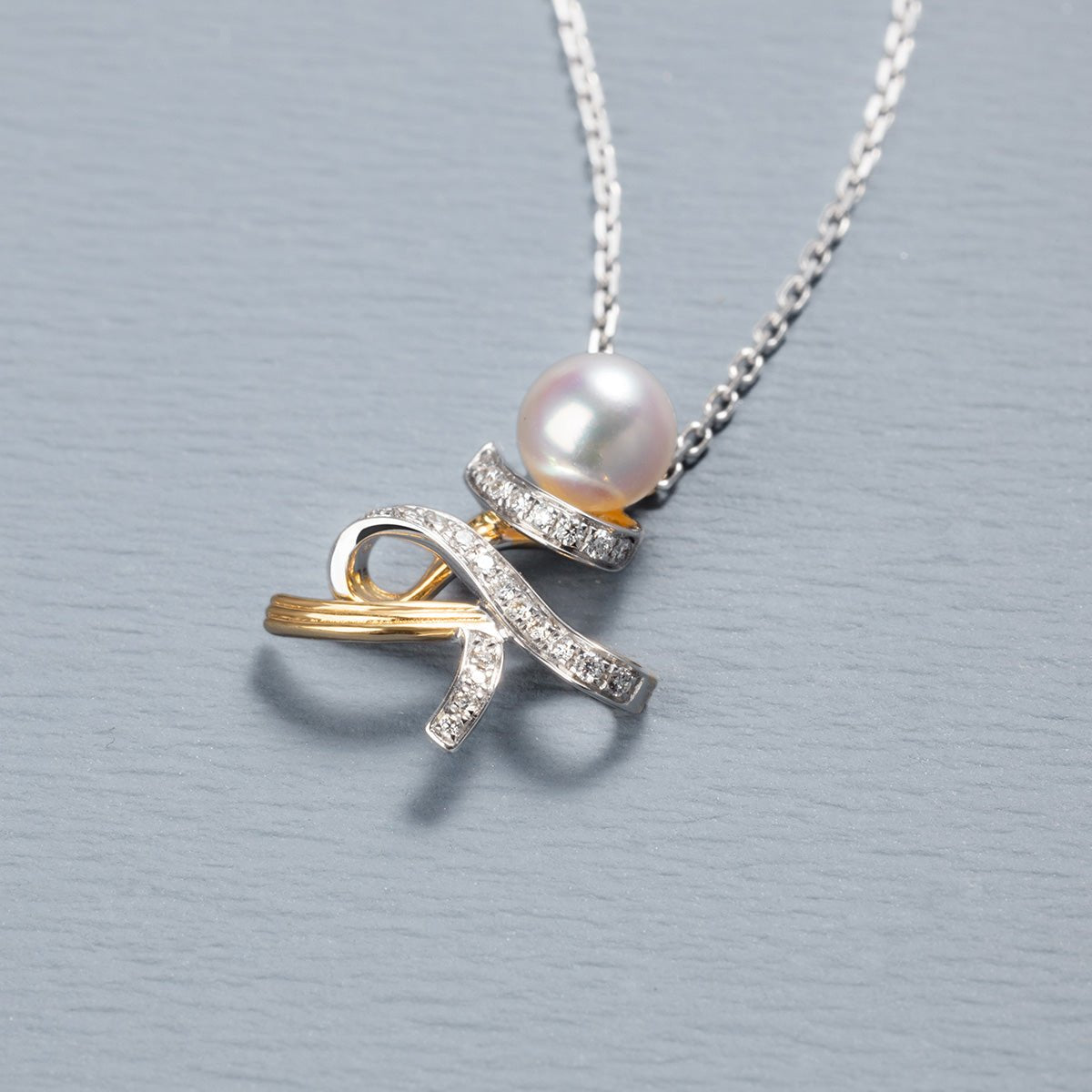 Akoya Pearl 18K Gold Diamonds Two - tone Ribbon Wish Tree Necklace - HELAS Jewelry