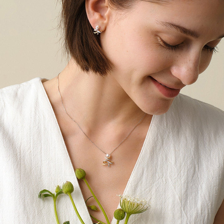 Akoya Pearl 18K Gold Diamonds Two - tone Ribbon Wish Tree Necklace - HELAS Jewelry