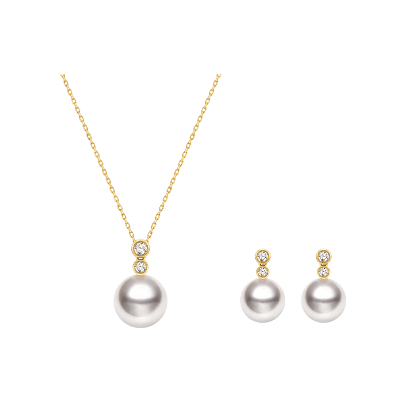 Akoya Pearl 18K Gold Double Diamond Elegant Necklace Earrings Set - HELAS Jewelry