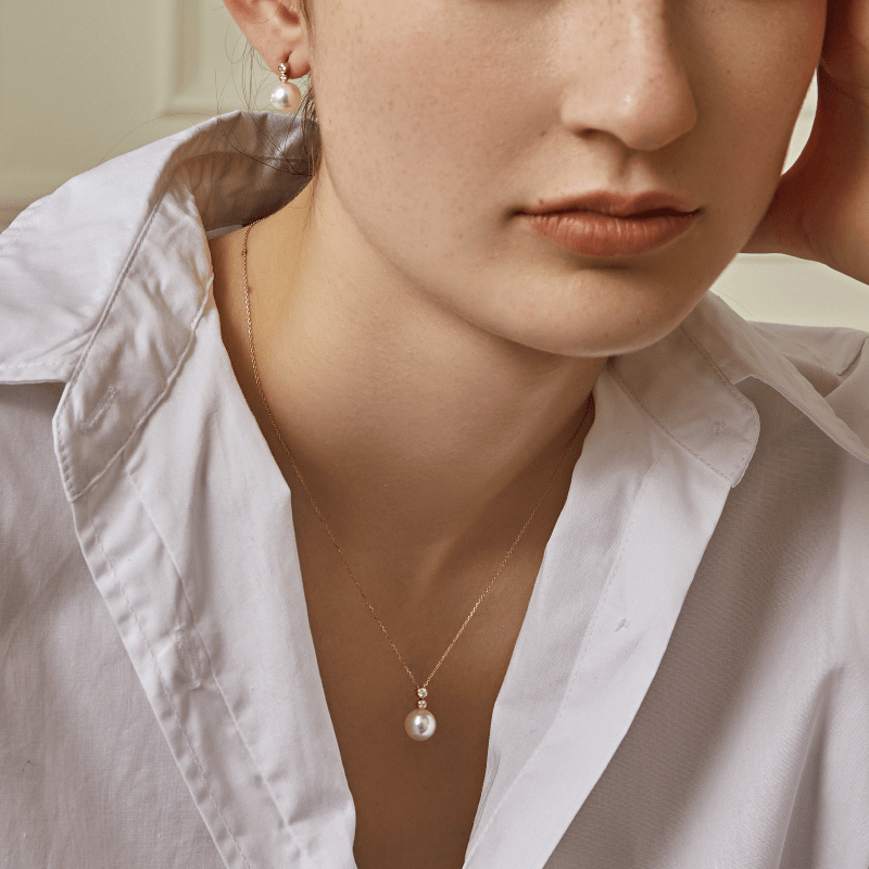 Akoya Pearl 18K Gold Double Diamond Elegant Necklace Earrings Set - HELAS Jewelry