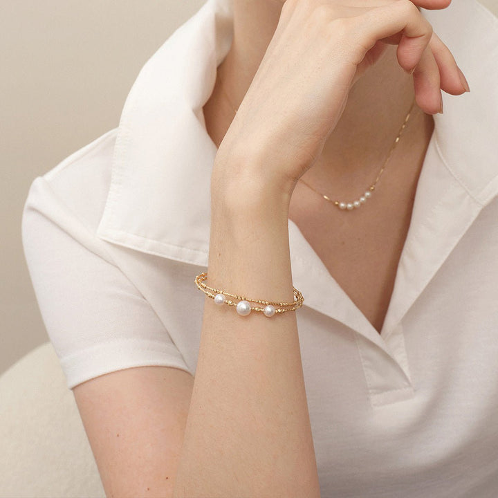 Akoya Pearl 18K Gold Double - Layer Stretch Bracelet - HELAS Jewelry