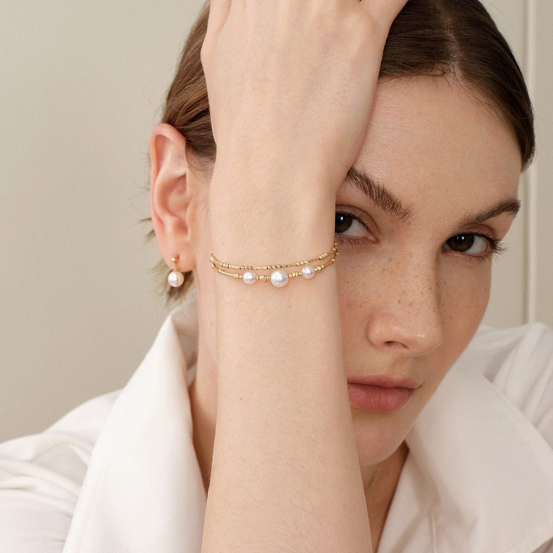 Akoya Pearl 18K Gold Double - Layer Stretch Bracelet - HELAS Jewelry