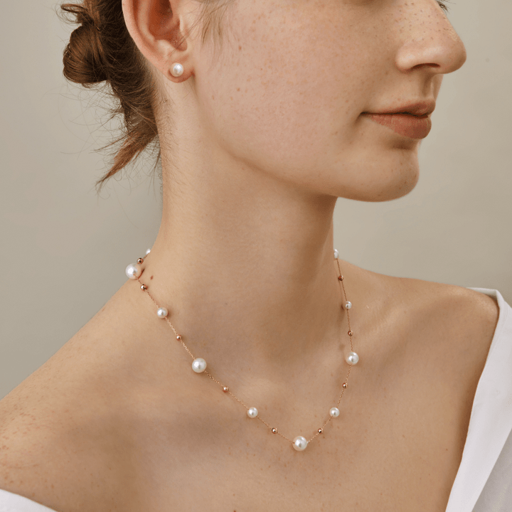 Akoya Pearl 18K Gold Grace Baby's Breath Necklace Studs Set - HELAS Jewelry