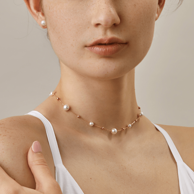 Akoya Pearl 18K Gold Grace Baby's Breath Necklace Studs Set - HELAS Jewelry