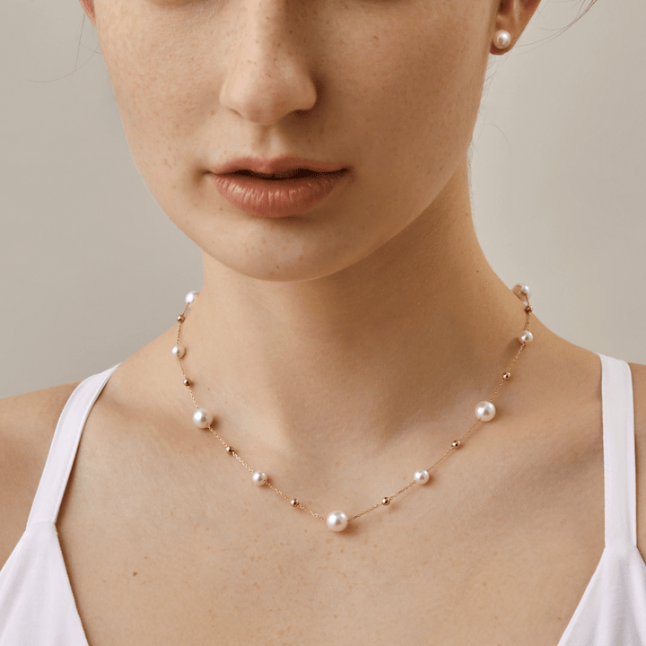 Akoya Pearl 18K Gold Grace Baby's Breath Necklace Studs Set - HELAS Jewelry