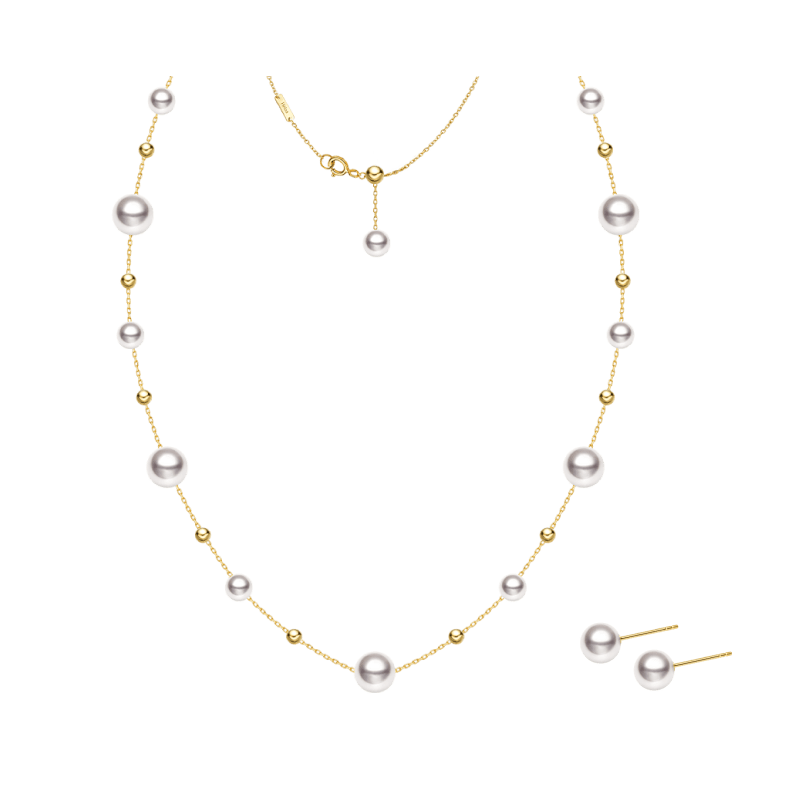 Akoya Pearl 18K Gold Grace Baby's Breath Necklace Studs Set - HELAS Jewelry