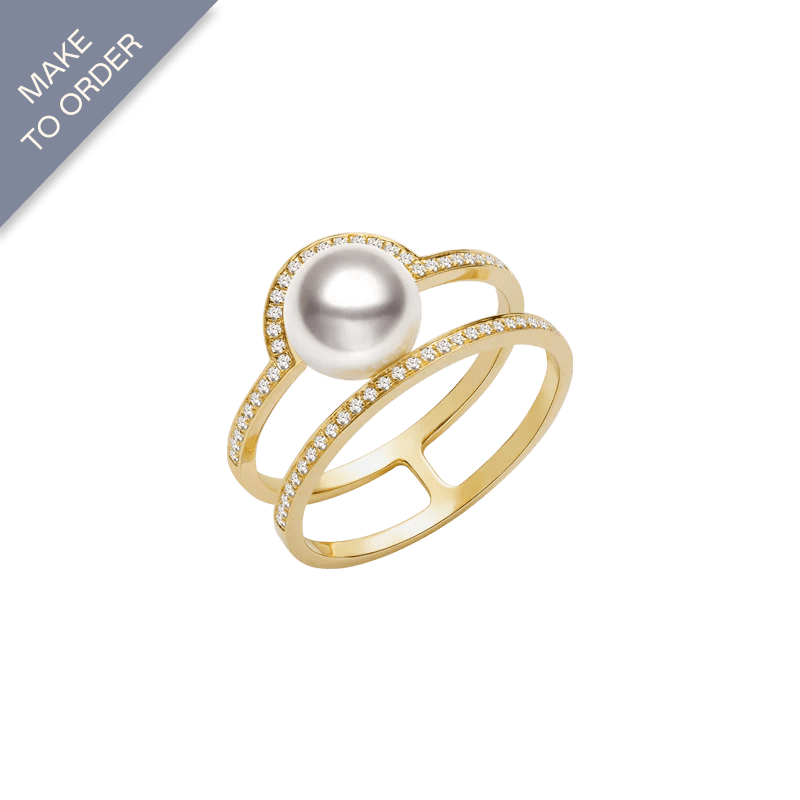 Akoya Pearl 18K Gold Parallel Double Circle Design Diamonds Ring - HELAS Jewelry