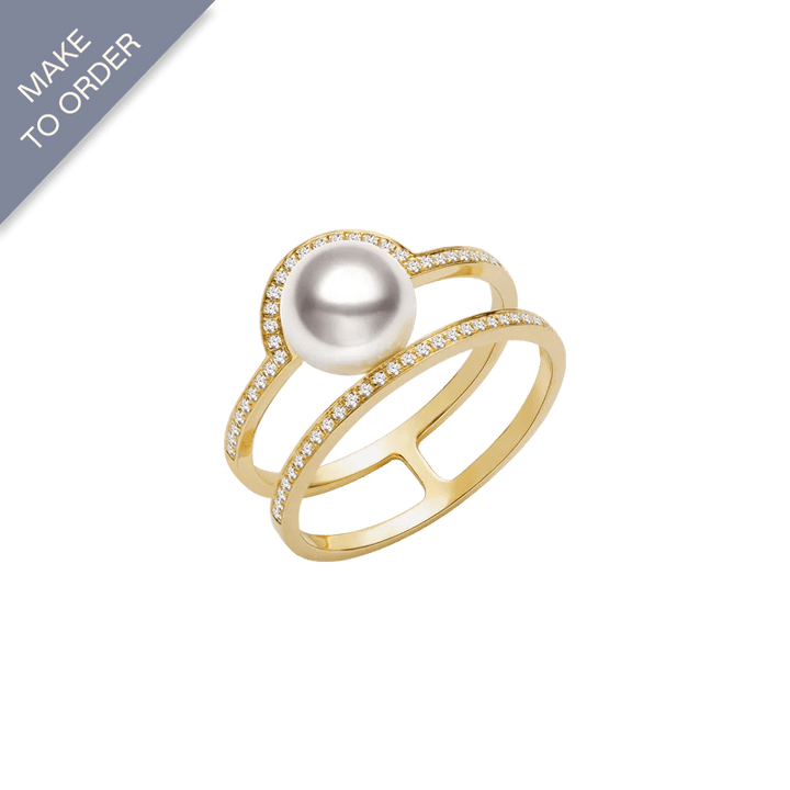 Akoya Pearl 18K Gold Parallel Double Circle Design Diamonds Ring - HELAS Jewelry