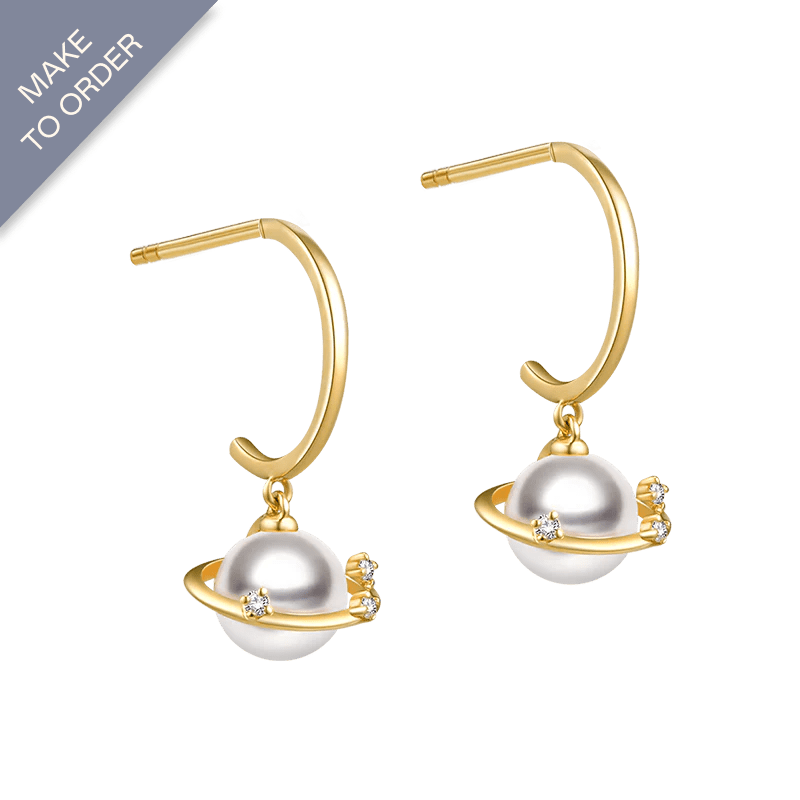 Akoya Pearl 18K Gold Planet Style Diamond Stud Earrings - HELAS Jewelry