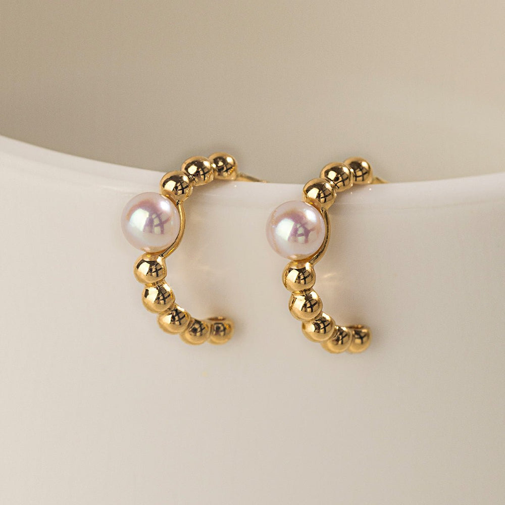 Akoya Pearl 18K Gold Vintage Small Ball Hoop Earrings - HELAS Jewelry