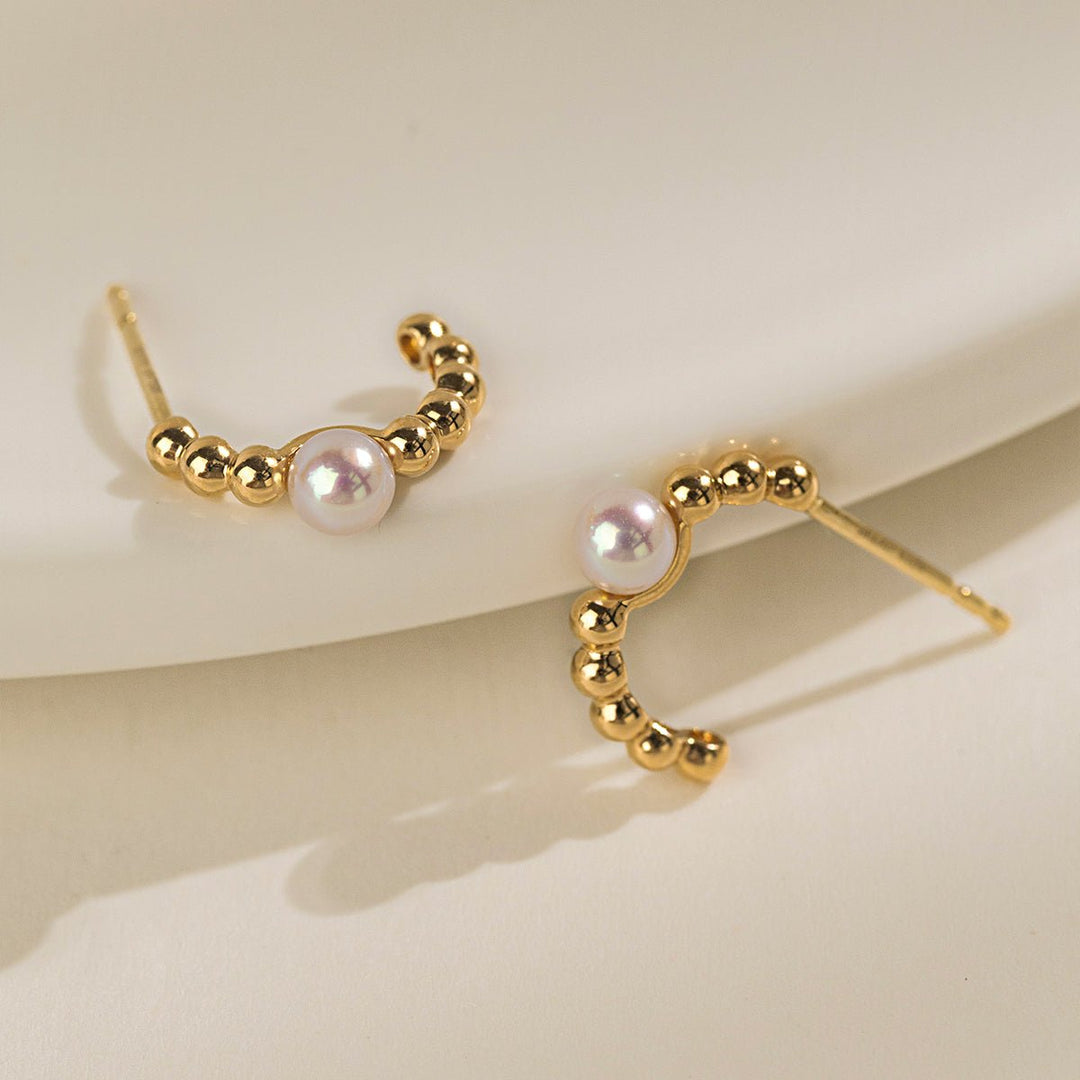 Akoya Pearl 18K Gold Vintage Small Ball Hoop Earrings - HELAS Jewelry
