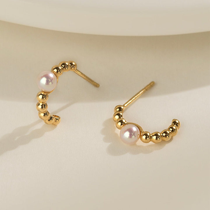 Akoya Pearl 18K Gold Vintage Small Ball Hoop Earrings - HELAS Jewelry