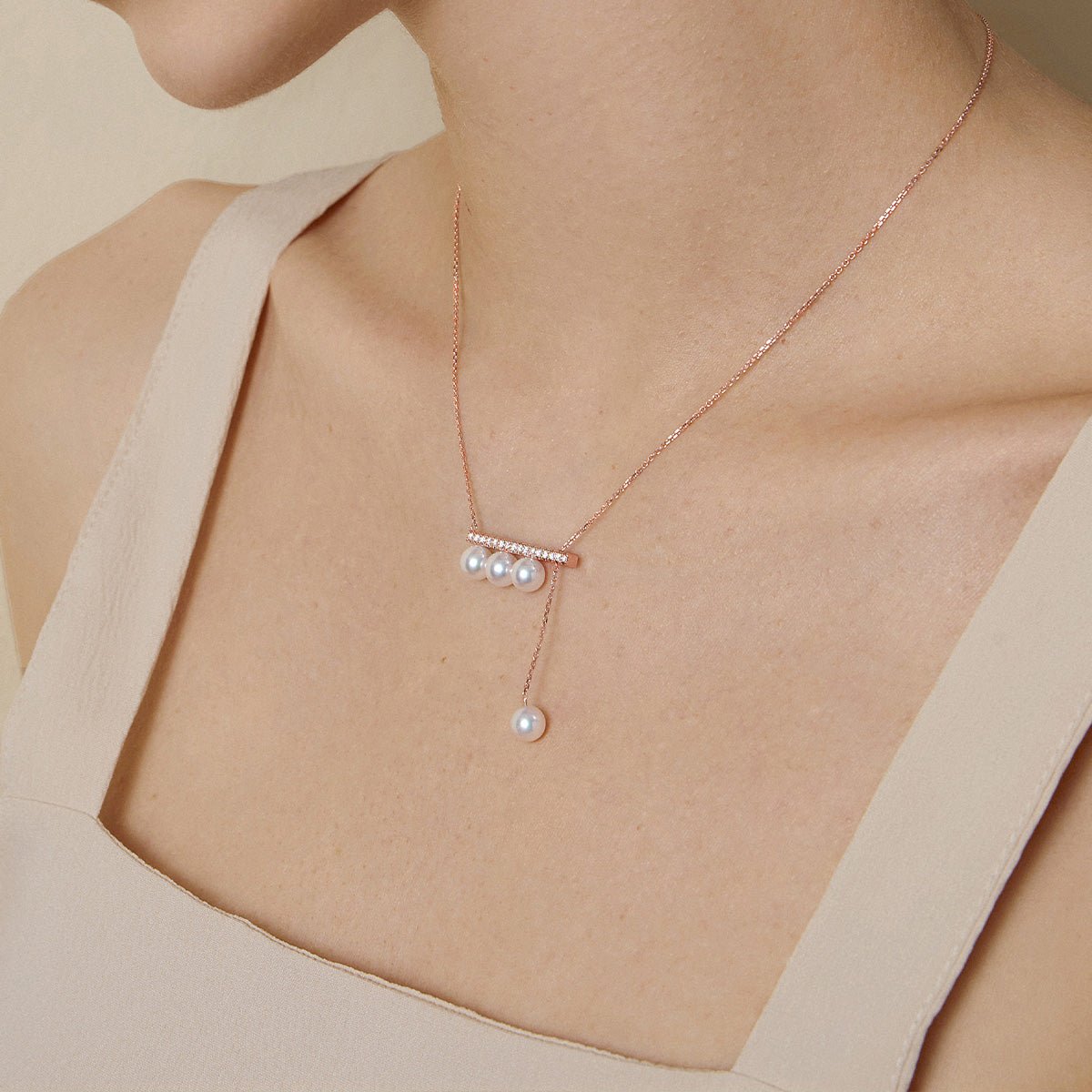 Akoya Pearl 18K Rose Gold Balance Beam Diamond Necklace - HELAS Jewelry
