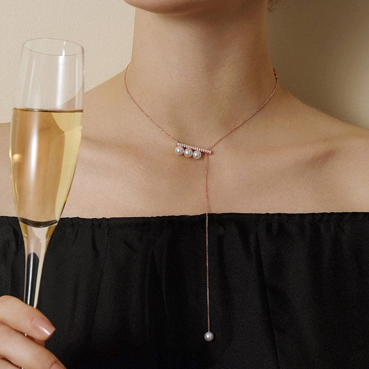Akoya Pearl 18K Rose Gold Balance Beam Diamond Necklace - HELAS Jewelry