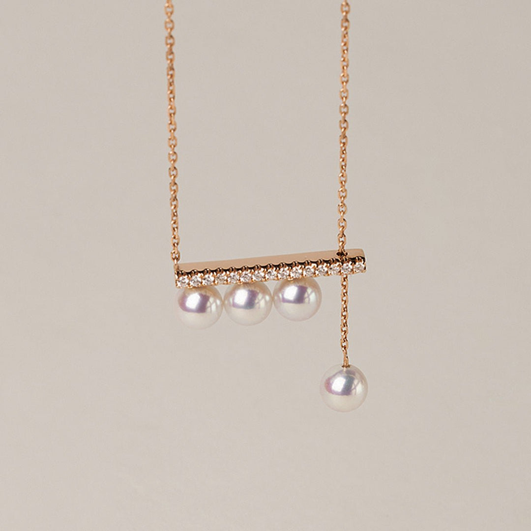 Akoya Pearl 18K Rose Gold Balance Beam Diamond Necklace - HELAS Jewelry
