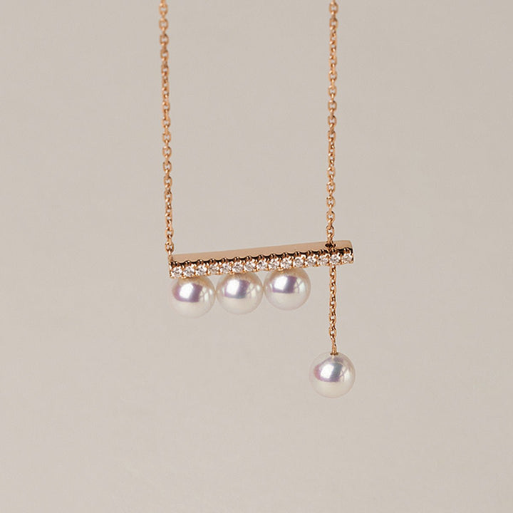 Akoya Pearl 18K Rose Gold Balance Beam Diamond Necklace - HELAS Jewelry