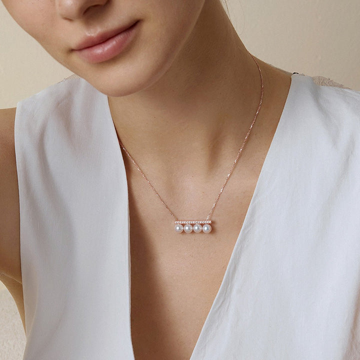 Akoya Pearl 18K Rose Gold Balance Beam Diamond Necklace - HELAS Jewelry