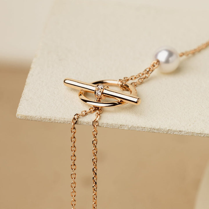 Akoya Pearl 18K Rose Gold Diamond Link Poise Clasp Necklace - HELAS Jewelry