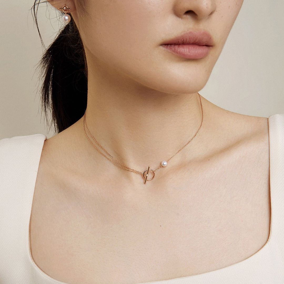 Akoya Pearl 18K Rose Gold Diamond Link Poise Clasp Necklace - HELAS Jewelry
