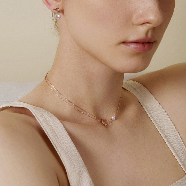 Akoya Pearl 18K Rose Gold Diamond Link Poise Clasp Necklace - HELAS Jewelry