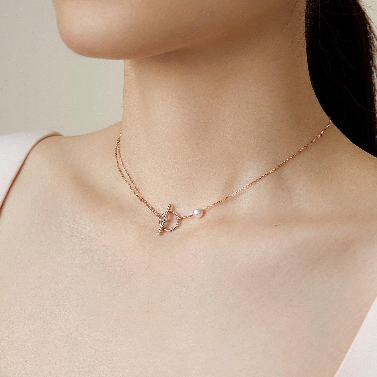 Akoya Pearl 18K Rose Gold Diamond Link Poise Clasp Necklace - HELAS Jewelry