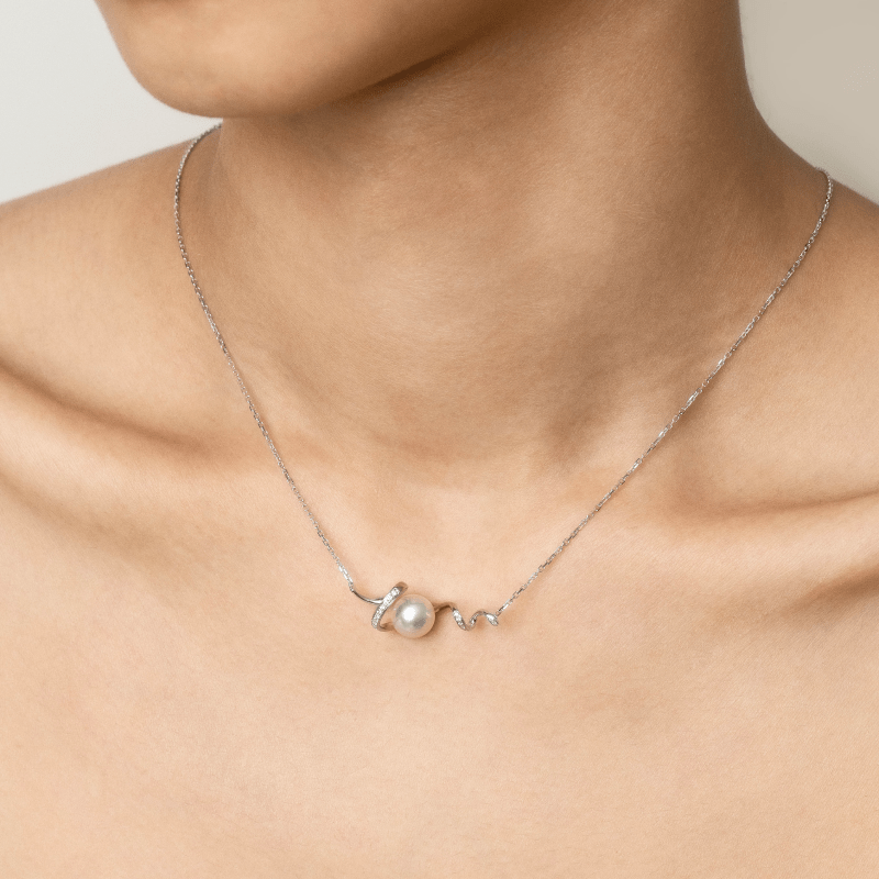 Akoya Pearl 18K White Gold Big Wave Curl Diamonds Necklace - HELAS Jewelry