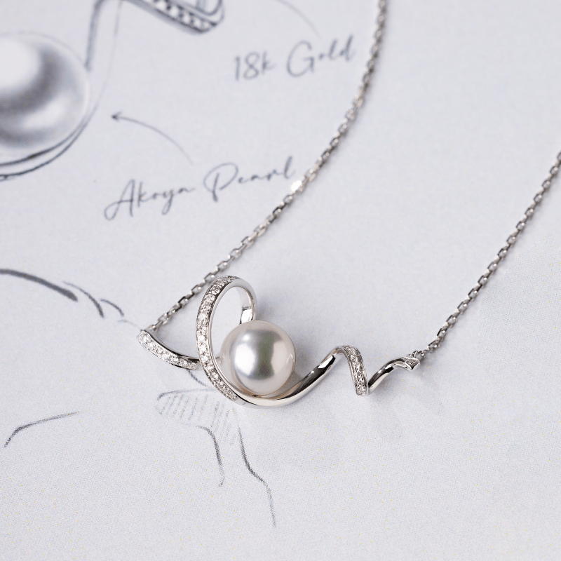 Akoya Pearl 18K White Gold Big Wave Curl Diamonds Necklace - HELAS Jewelry
