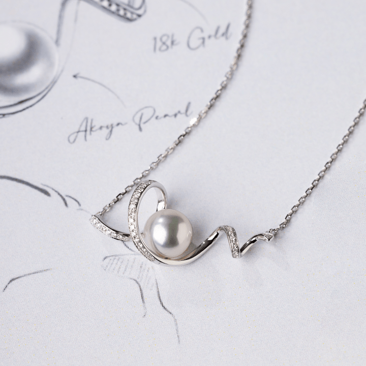 Akoya Pearl 18K White Gold Big Wave Curl Diamonds Necklace - HELAS Jewelry