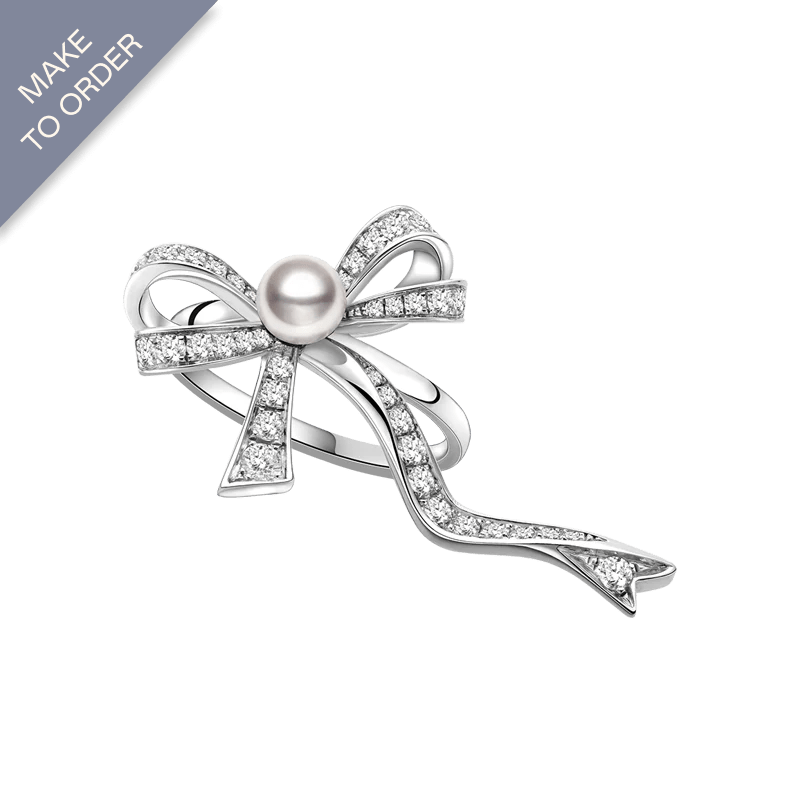 Akoya Pearl 18K White Gold Bowknot Diamond Ribbon Ring - HELAS Jewelry