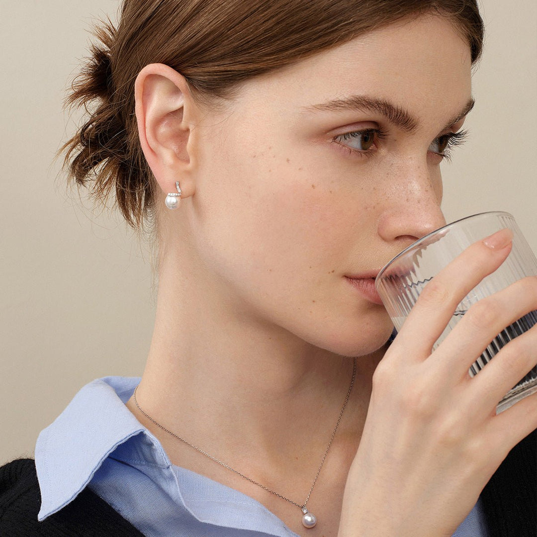 Akoya Pearl 18K White Gold Classic Wave Stud Diamonds Earrings - HELAS Jewelry