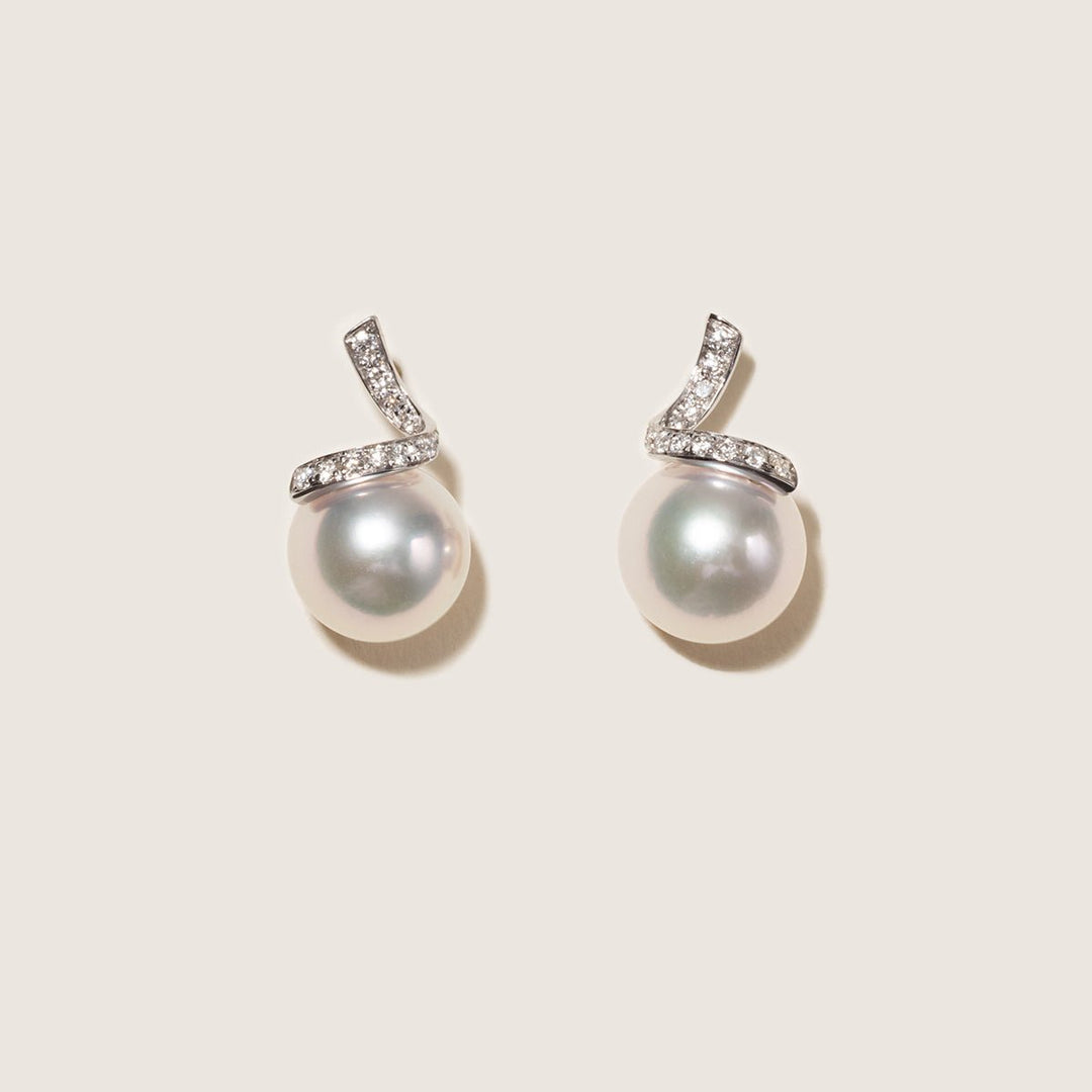 Akoya Pearl 18K White Gold Classic Wave Stud Diamonds Earrings - HELAS Jewelry