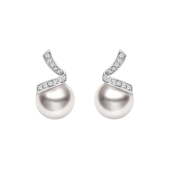 Akoya Pearl 18K White Gold Classic Wave Stud Diamonds Earrings - HELAS Jewelry