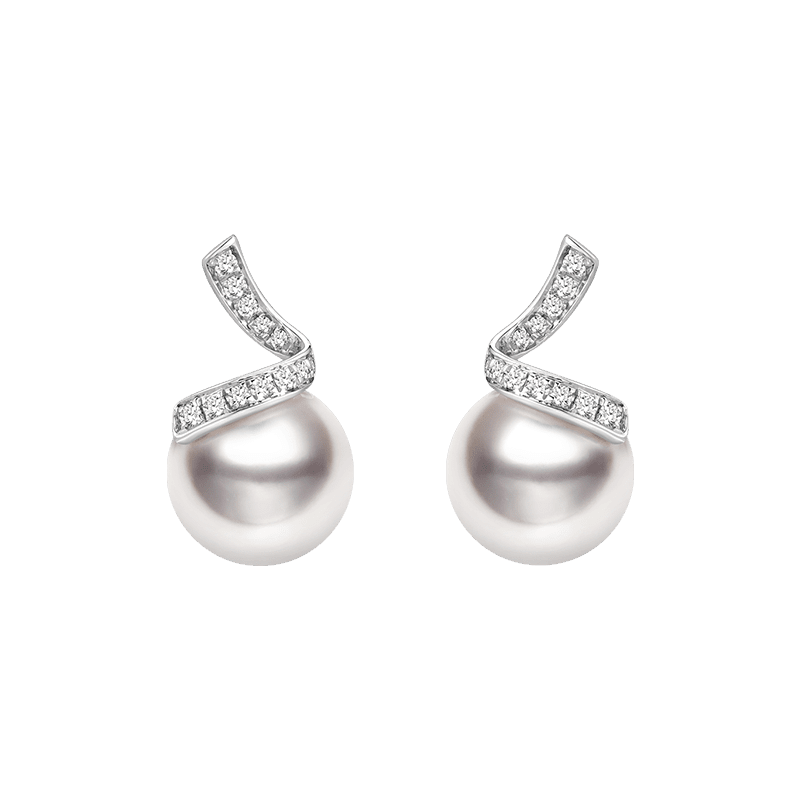 Akoya Pearl 18K White Gold Classic Wave Stud Diamonds Earrings - HELAS Jewelry