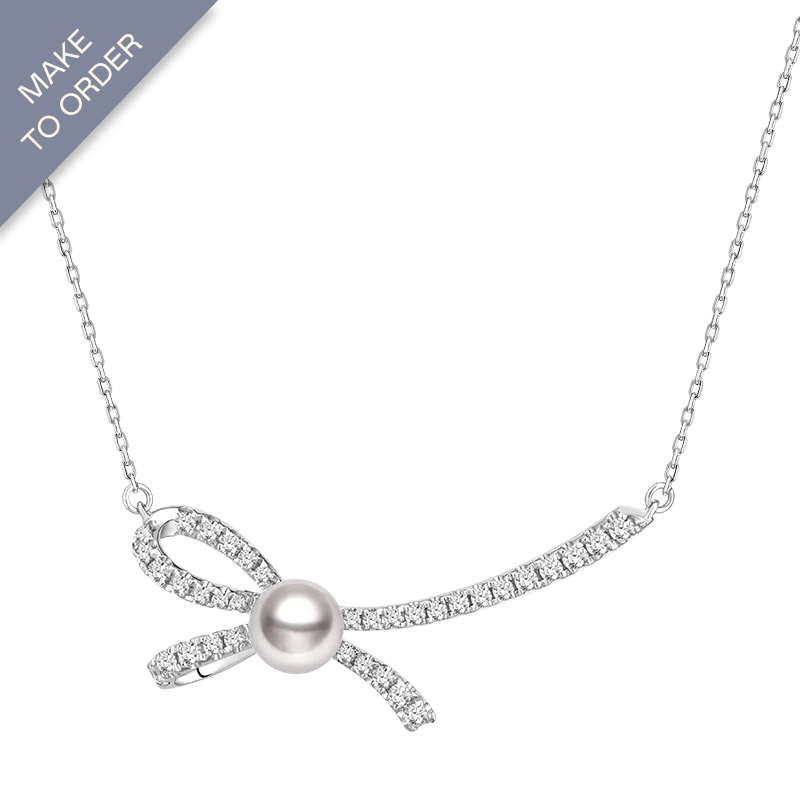 Akoya Pearl 18K White Gold Diamond Ribbon Necklace - HELAS Jewelry