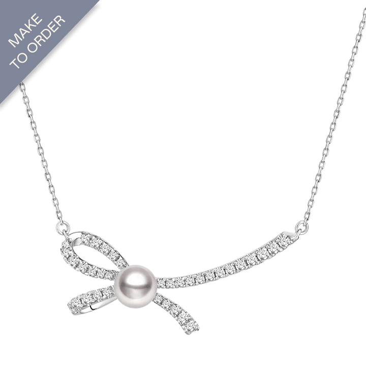 Akoya Pearl 18K White Gold Diamond Ribbon Necklace - HELAS Jewelry