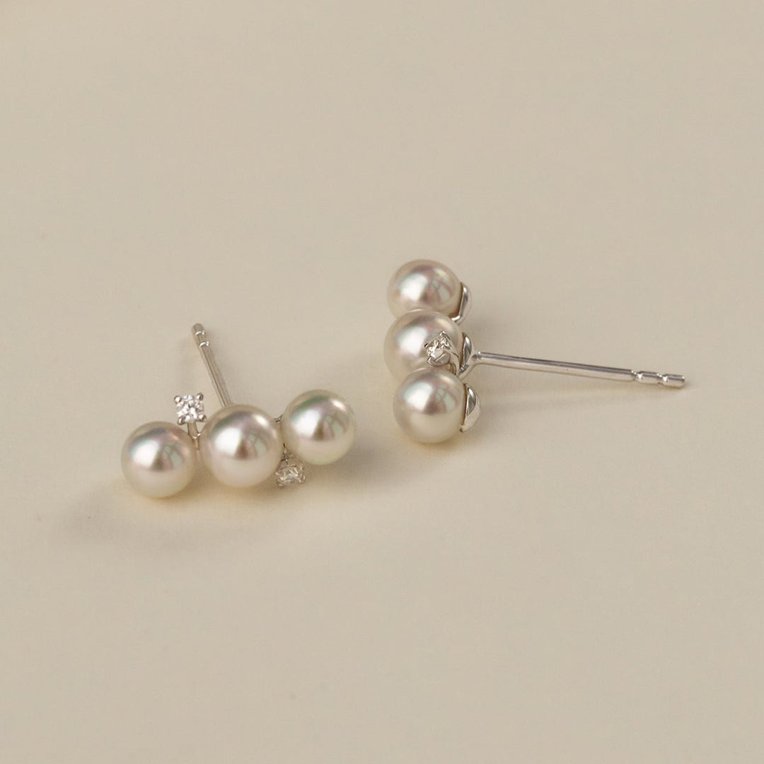 Akoya Pearl 18K White Gold Diamonds Bar - Shape Sparkling Stud Earrings - HELAS Jewelry