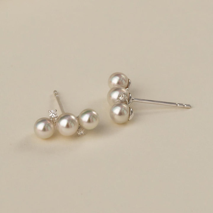 Akoya Pearl 18K White Gold Diamonds Bar - Shape Sparkling Stud Earrings - HELAS Jewelry