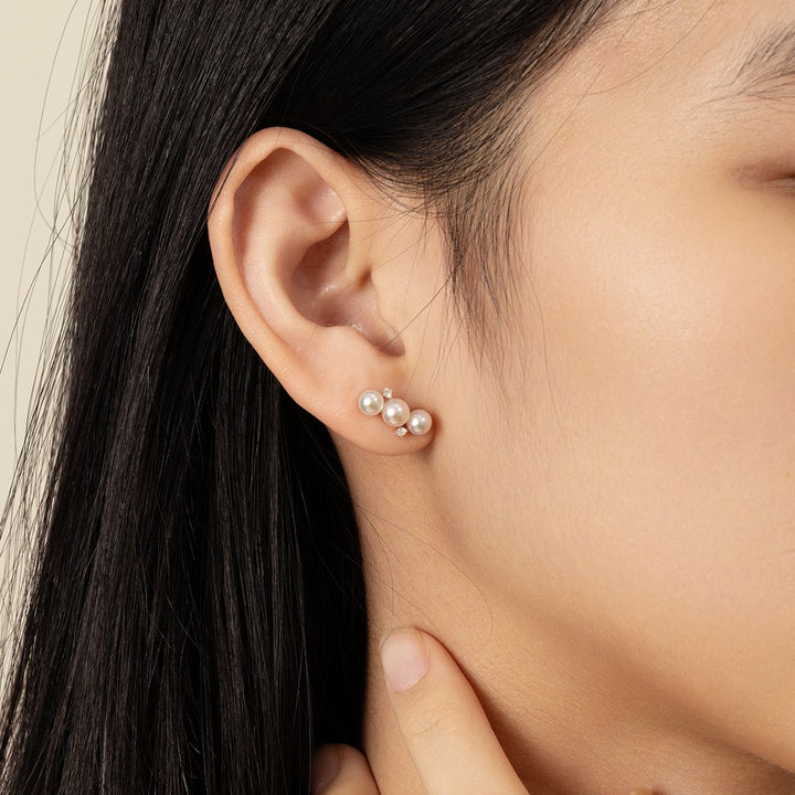 Akoya Pearl 18K White Gold Diamonds Bar - Shape Sparkling Stud Earrings - HELAS Jewelry