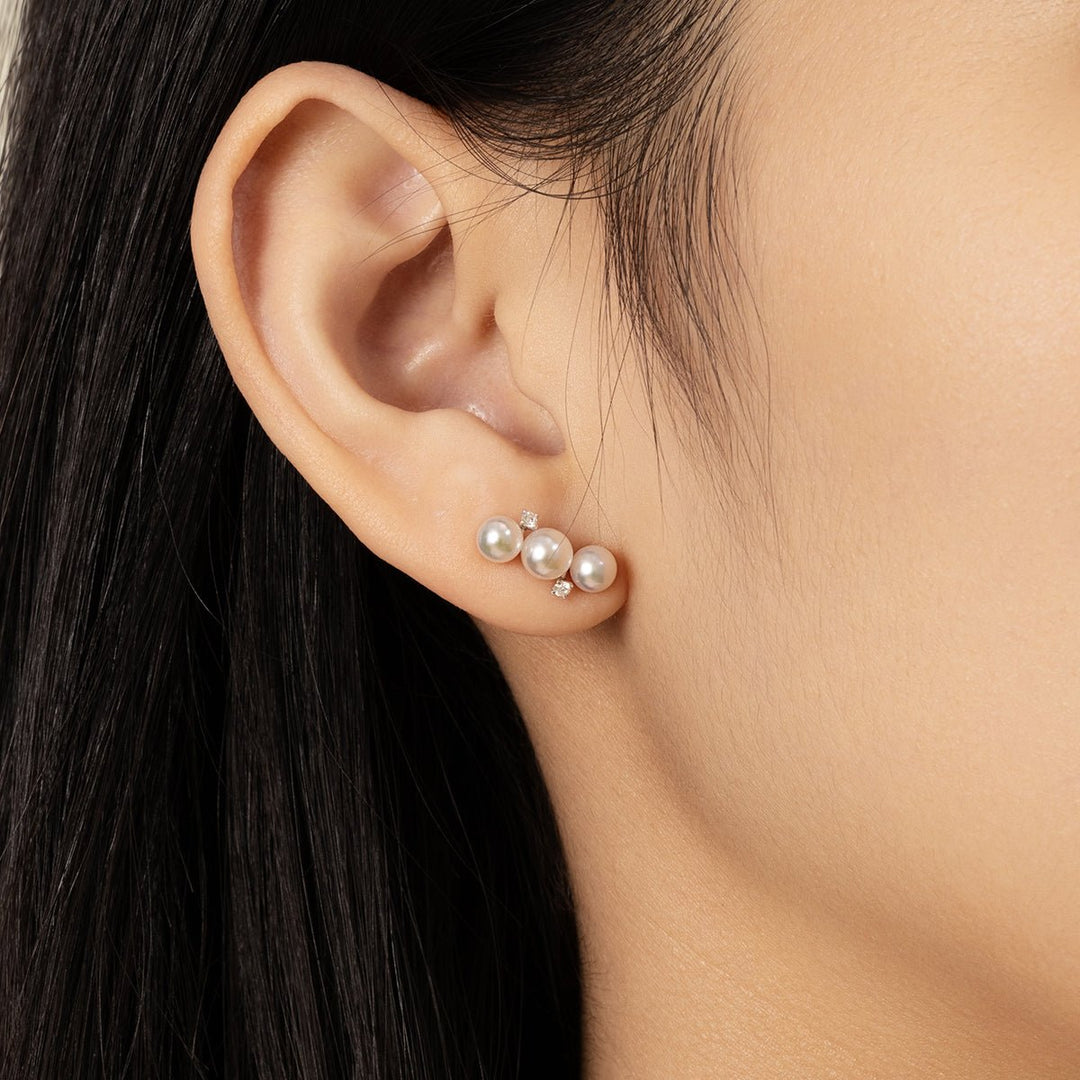 Akoya Pearl 18K White Gold Diamonds Bar - Shape Sparkling Stud Earrings - HELAS Jewelry