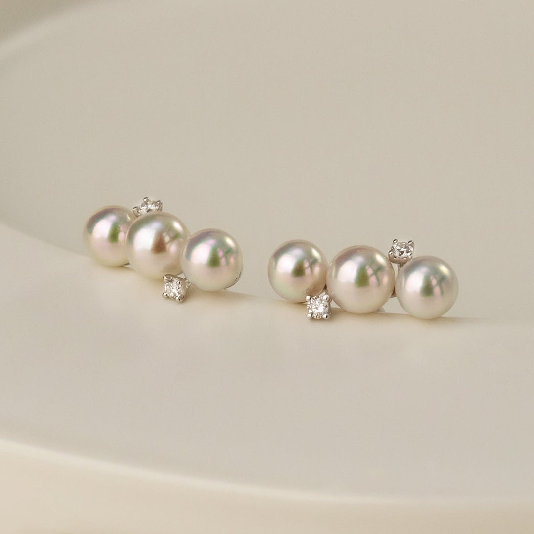 Akoya Pearl 18K White Gold Diamonds Bar - Shape Sparkling Stud Earrings - HELAS Jewelry