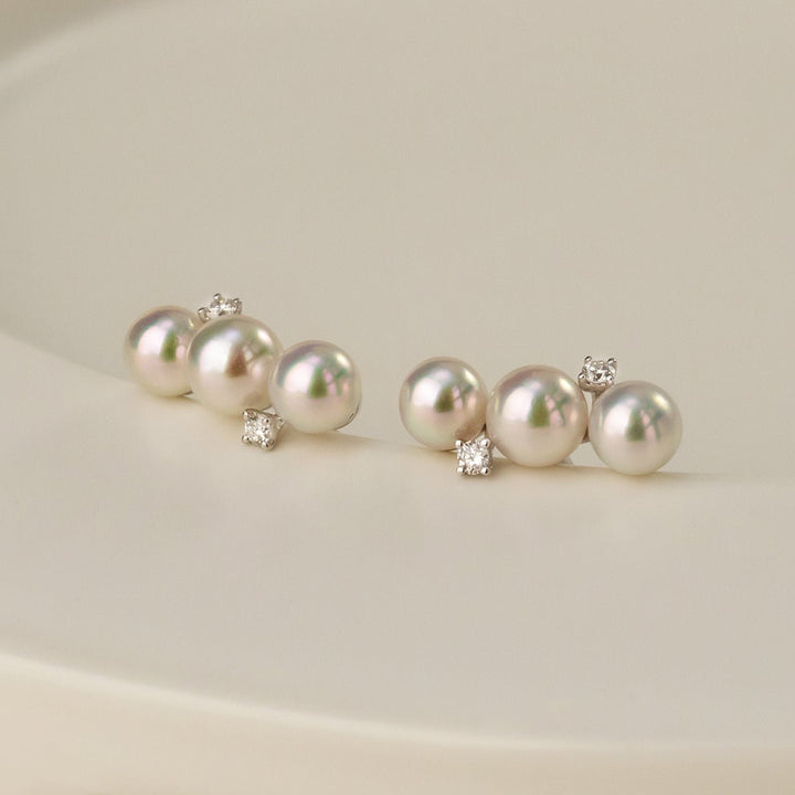 Akoya Pearl 18K White Gold Diamonds Bar - Shape Sparkling Stud Earrings - HELAS Jewelry