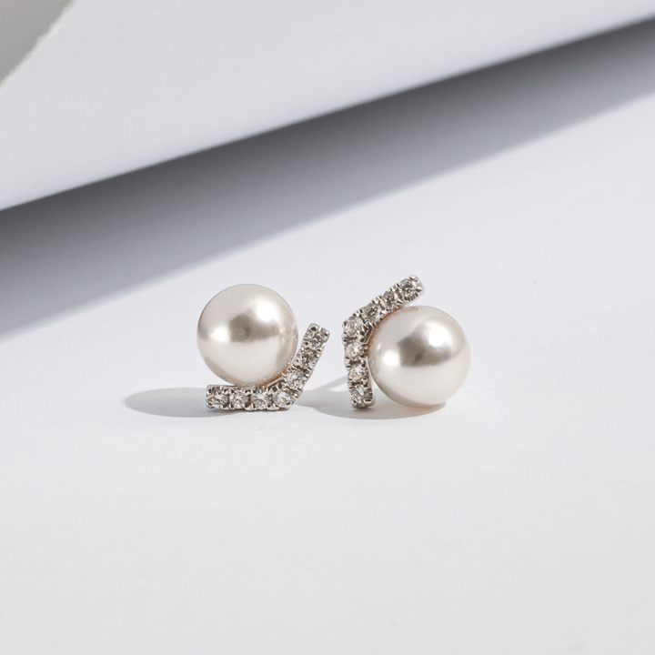 Akoya Pearl 18K White Gold V - shape Diamond Stud Earrings - HELAS Jewelry