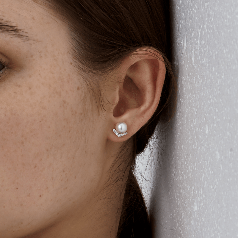 Akoya Pearl 18K White Gold V-shape Diamond Stud Earrings