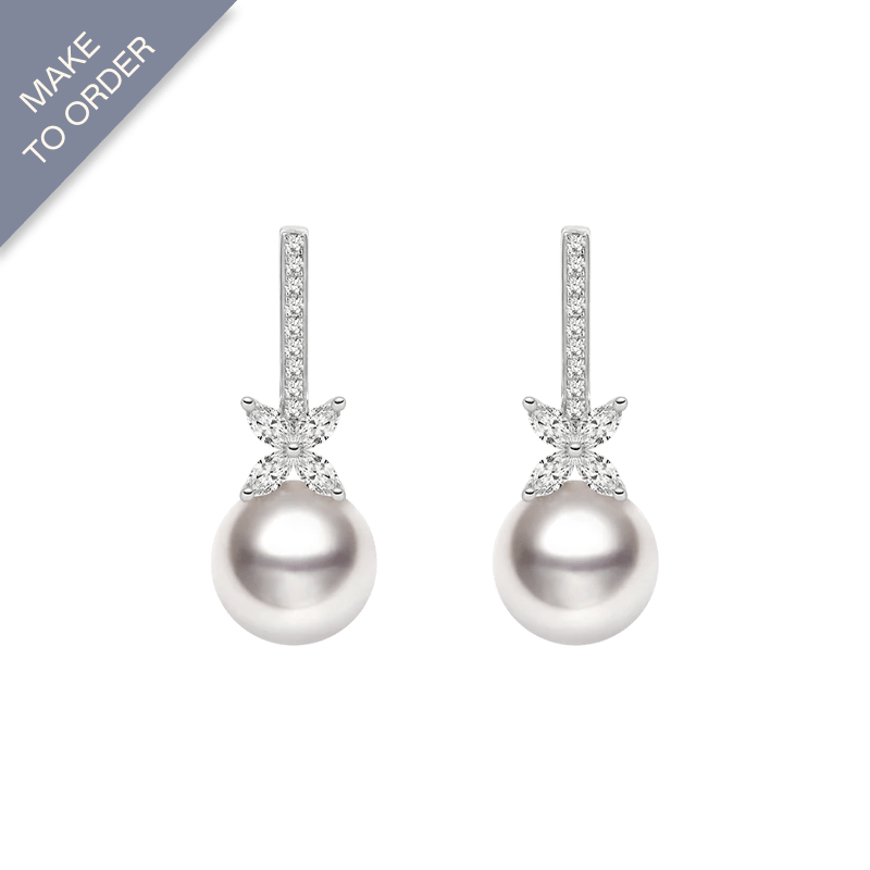 Akoya Pearl 18K White Gold White Flower Diamonds Long Stud Earrings - HELAS Jewelry