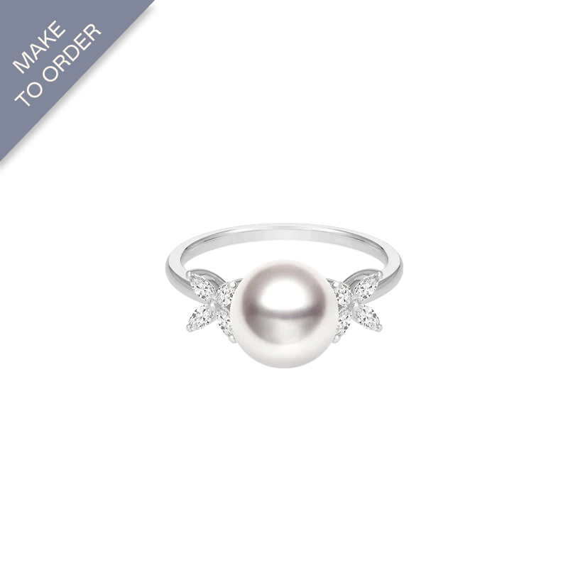 Akoya Pearl 18K White Gold White Flower Diamonds Ring - HELAS Jewelry
