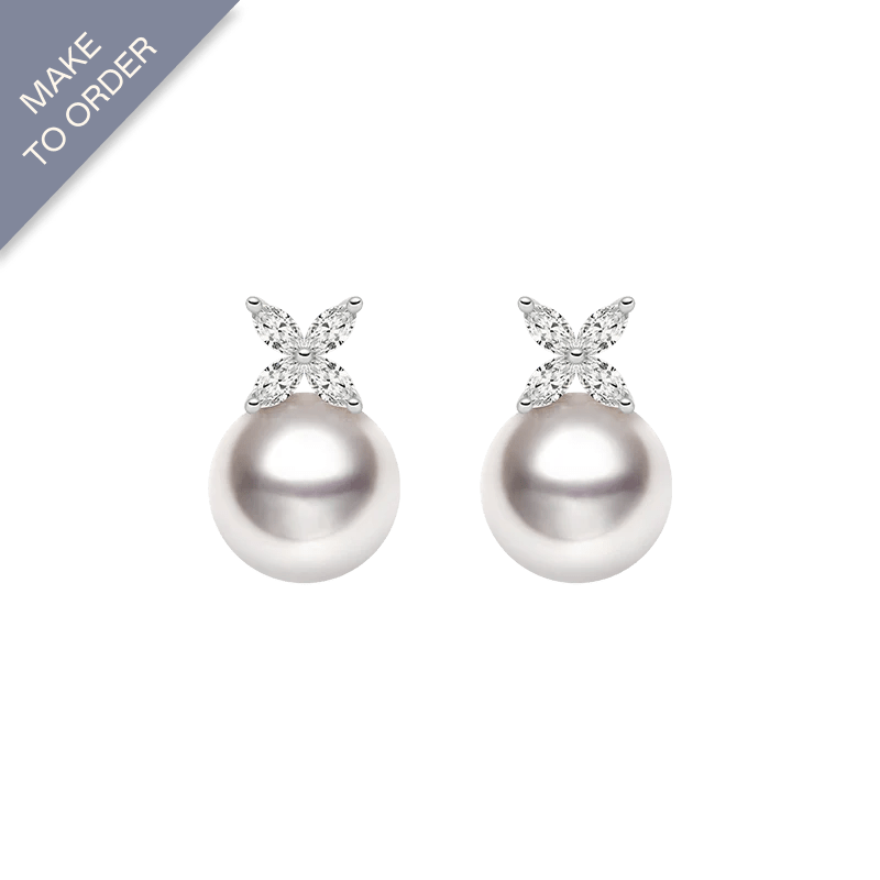 Akoya Pearl 18K White Gold White Flower Diamonds Stud Earrings - HELAS Jewelry