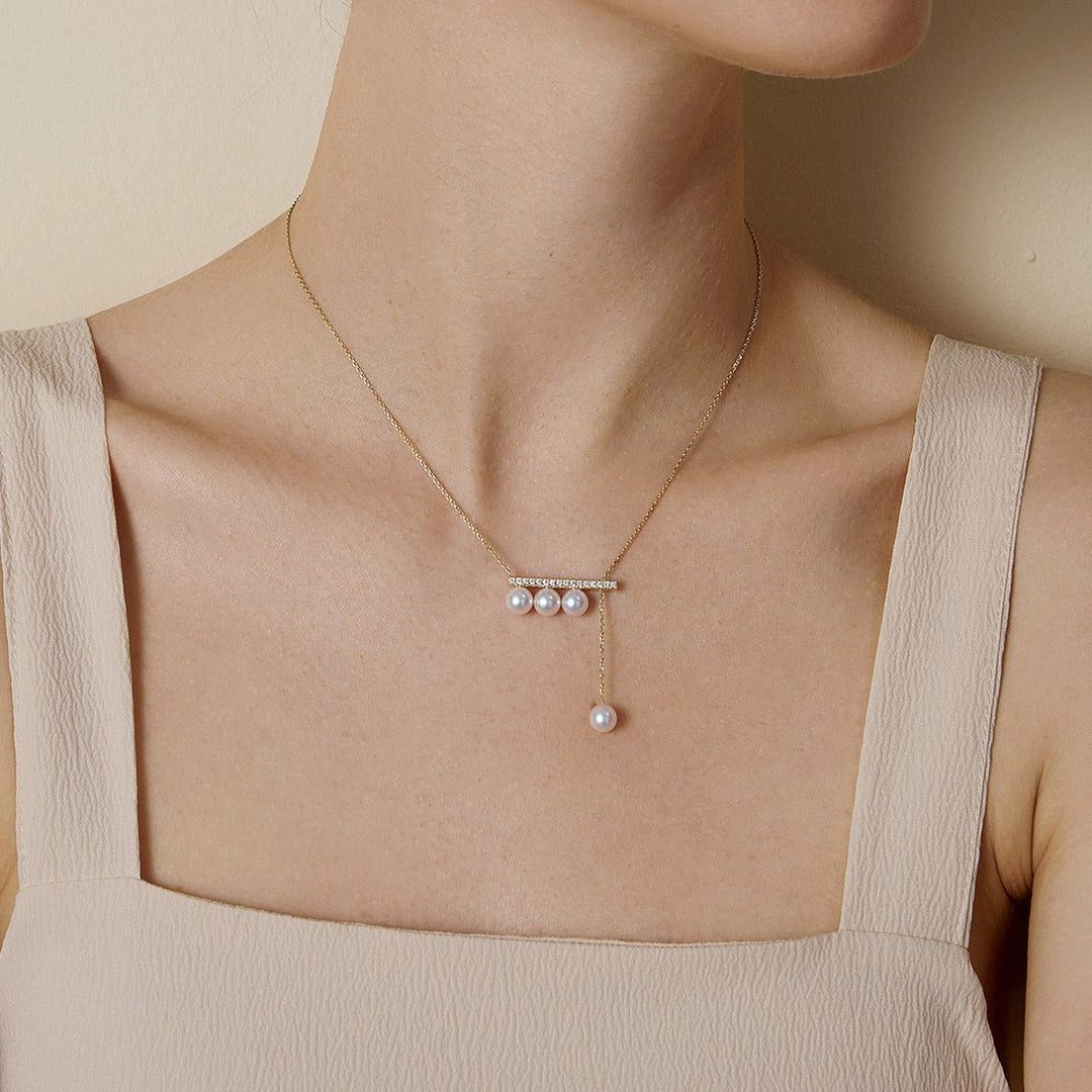 Akoya Pearl 18K Yellow Gold Balance Beam Diamond Necklace - HELAS Jewelry